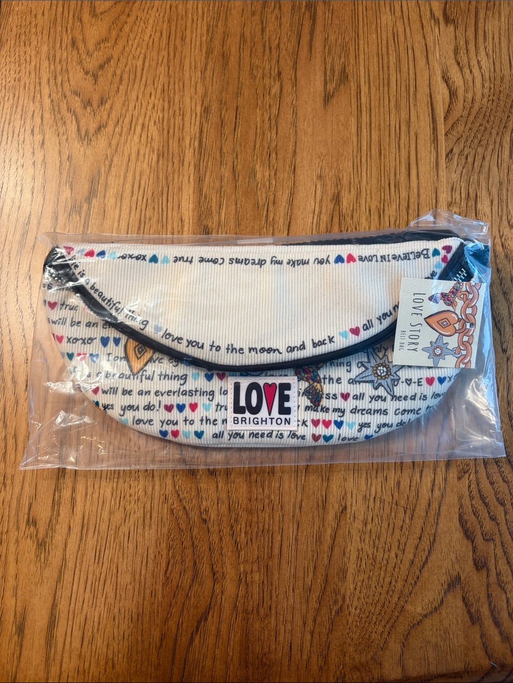 Brighton LOVE Crescent Wristlet - Cream with Multicolor Hearts & Script